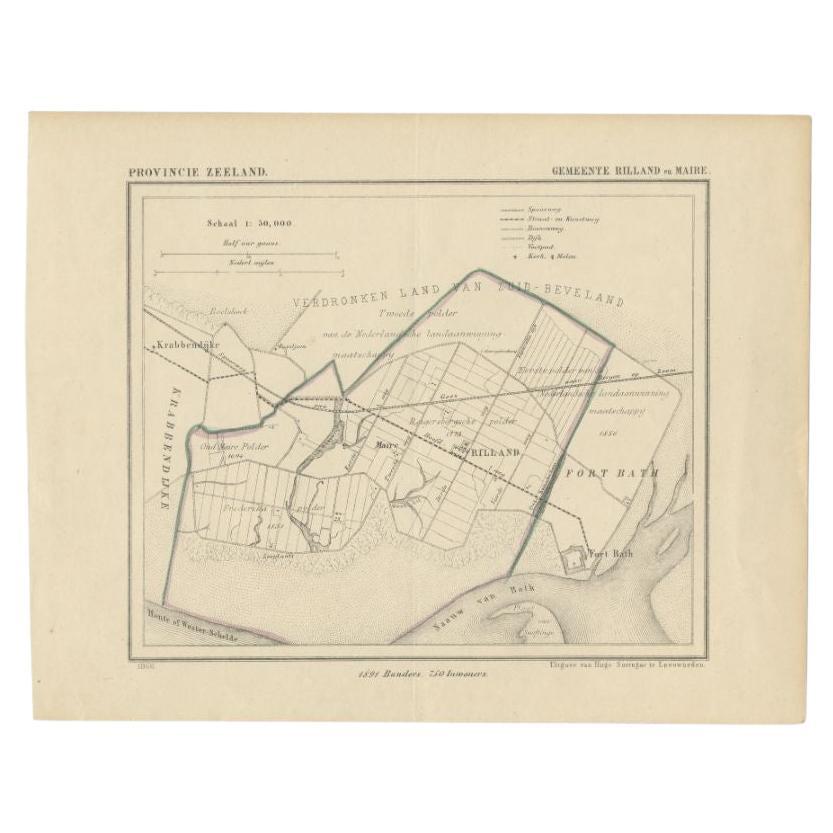 Carte ancienne de la région de Rilland et de Maire, Zélande, Pays-Bas, 1866