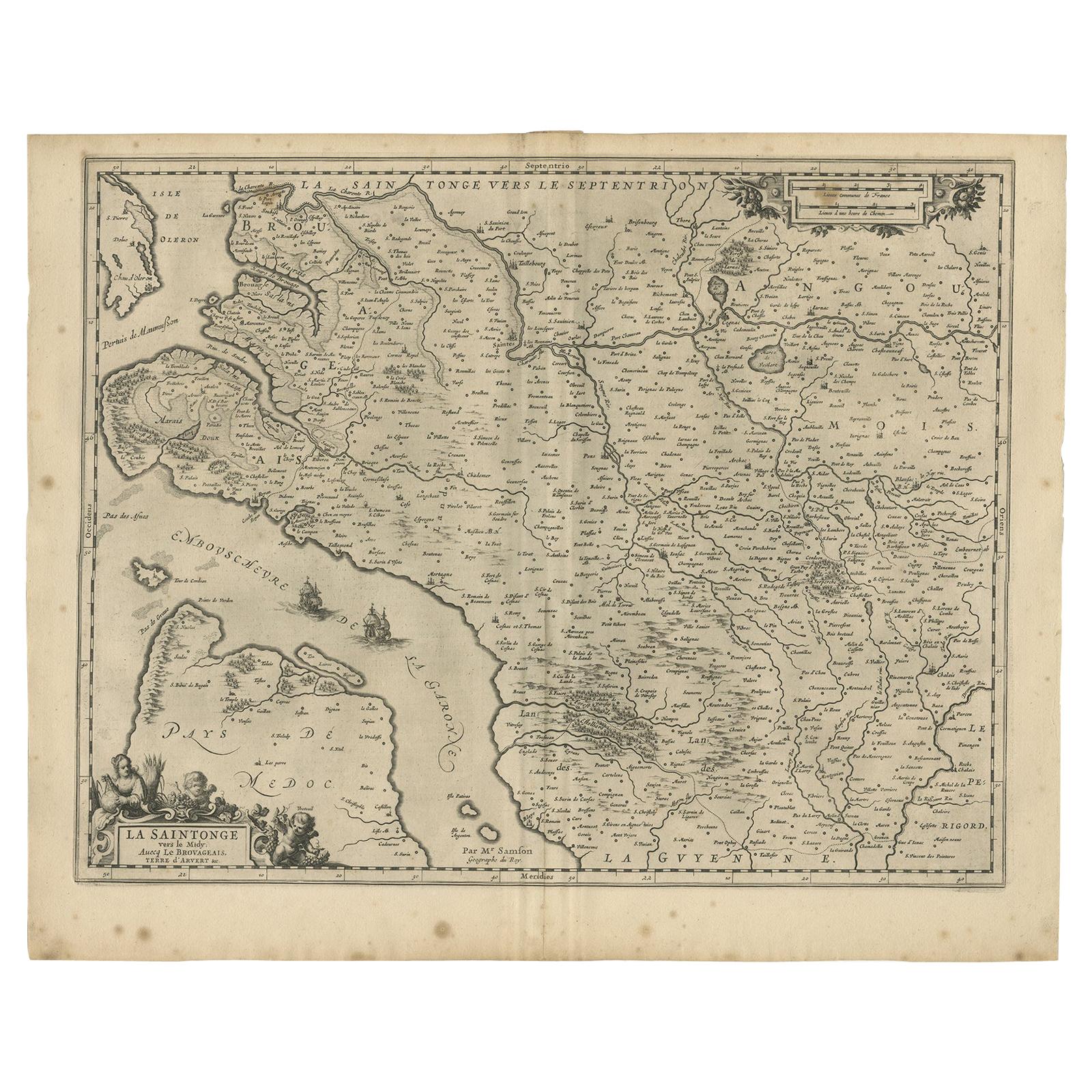 Antique Map of the Region of Saintonge by Janssonius, 1657 For Sale