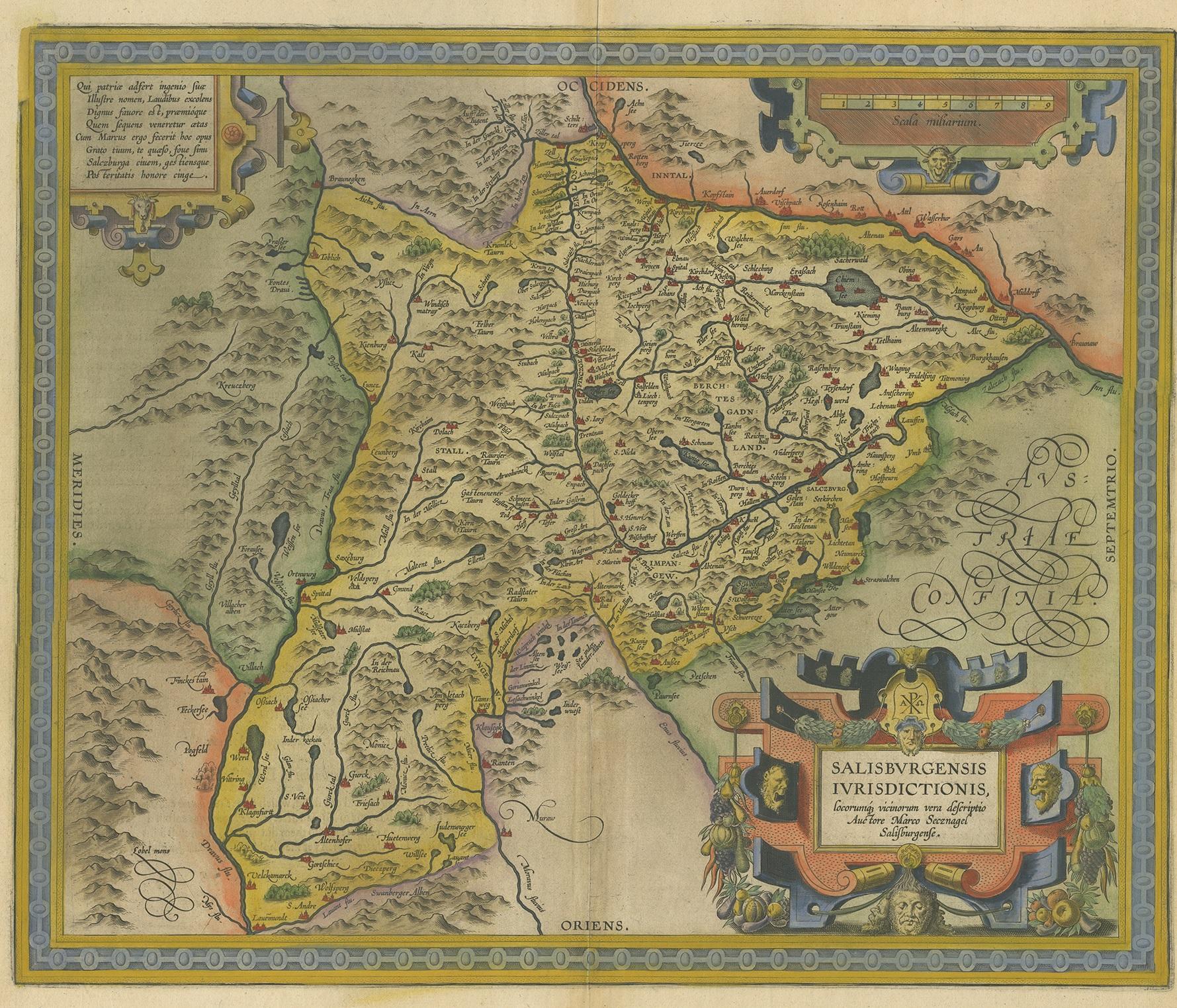 Antike Karte mit dem Titel 'Salisburgensis Iurisdictionis'. Originale antike Karte der Region Salzburg, Österreich. Herausgegeben von A. Ortelius, um 1606.