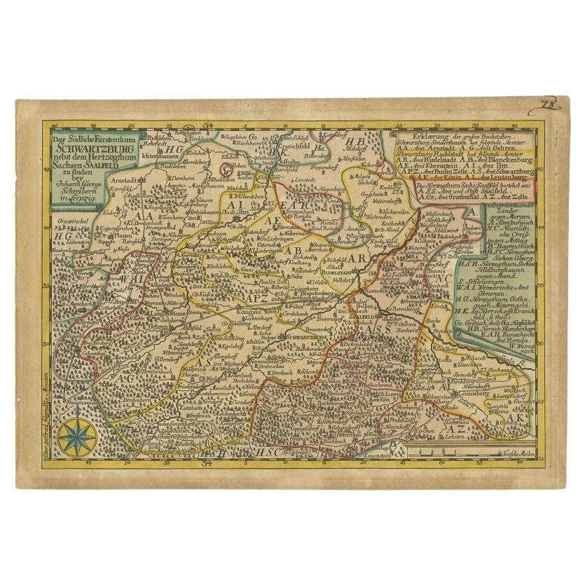 Carte ancienne de la région de Schwarzburg par Schreiber, 1749 en vente