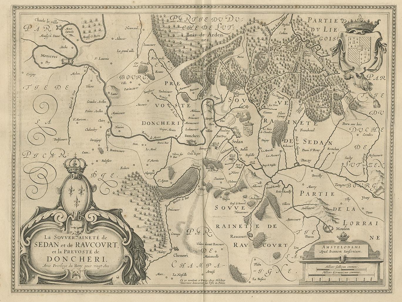 Antique map of France titled 'La Souveraineté de Sedan et de Raucourt, et la prevosté de Doncheri'. Lovely map centered on Sedan and Doncheri and the Meuze River from Charleville and Mezieres to Mosuon and Yvoy. This map originates from 'Atlas
