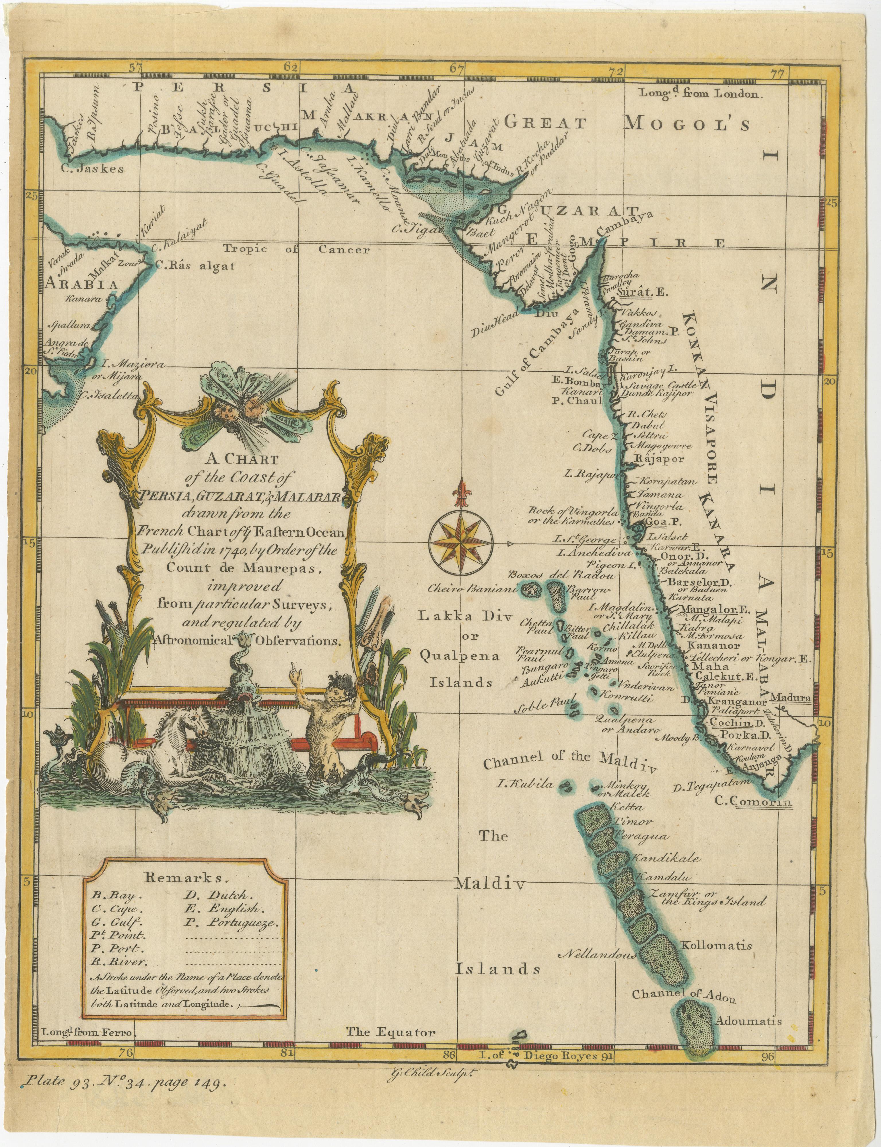 Antique map titled 'A Chart of the Coast of Persia, Guzarat & Malabar'. Old map centered on the Arabian Sea that shows some of the Persian Gulf and the Gulf of Oman, extending past Persia to include half of India. The map locates the Maldives and