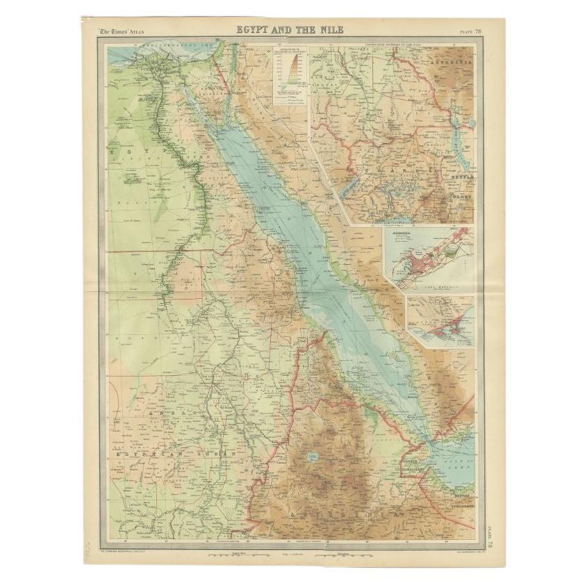 Antique Map of the Region of the Nile River by Bartholomew, 1922 For Sale