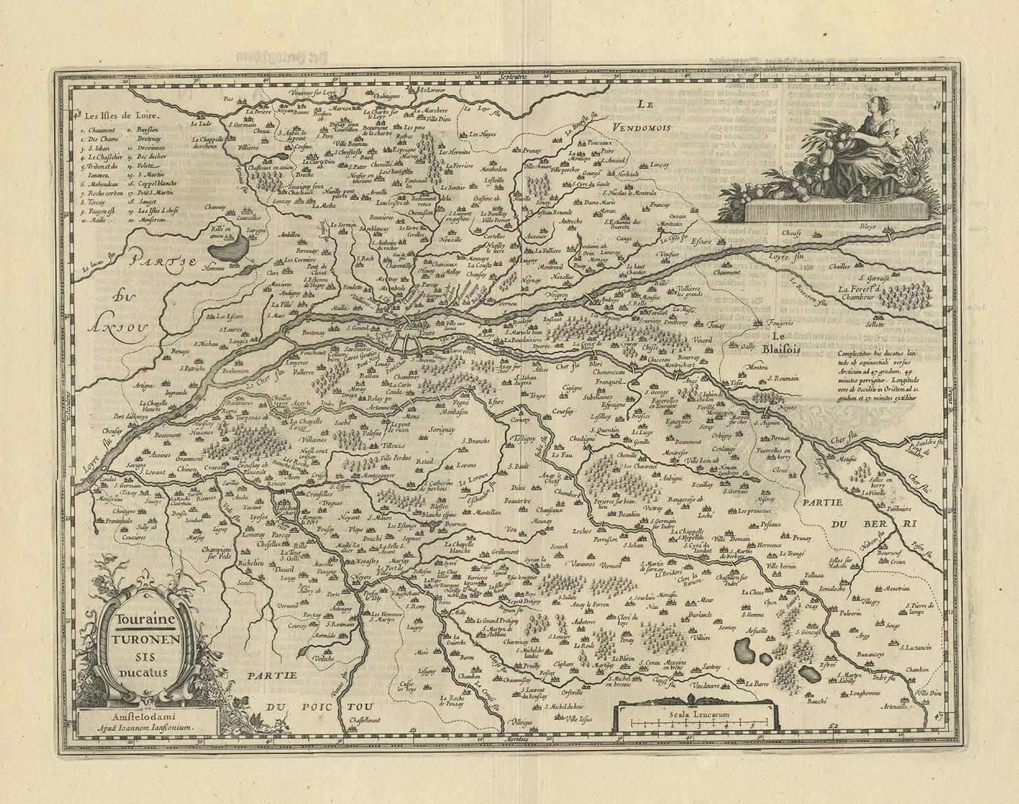 Antique map of France titled 'Touraine - Turonensis Ducatus'. Decorative map of the Touraine region, France. It shows the cities of Tours, Amboise and others. Published by J. Janssonius.