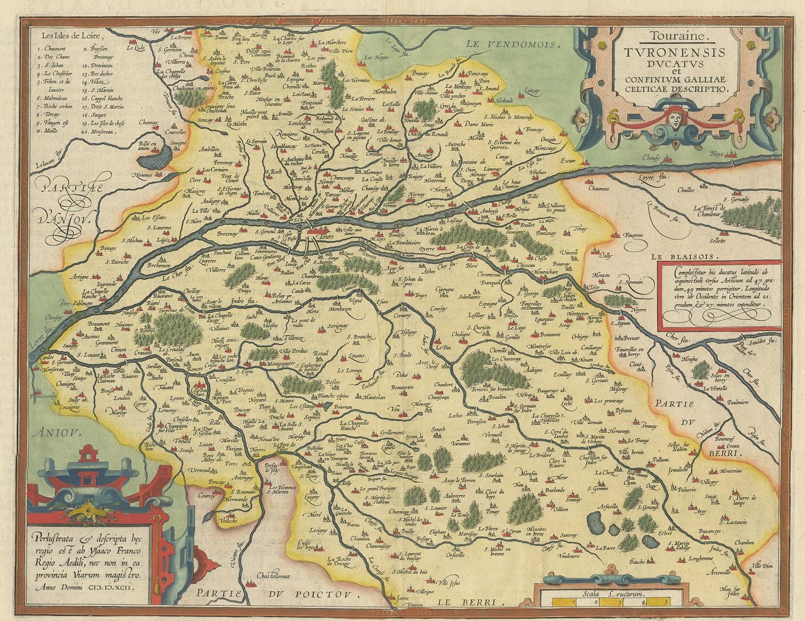 Antique map titled 'Touraine. Turonensis Ducatus et Confinium Galliae Celticae Descriptio'. Original antique map of the Region of Touraine, France. Published by A. Ortelius, circa 1600.