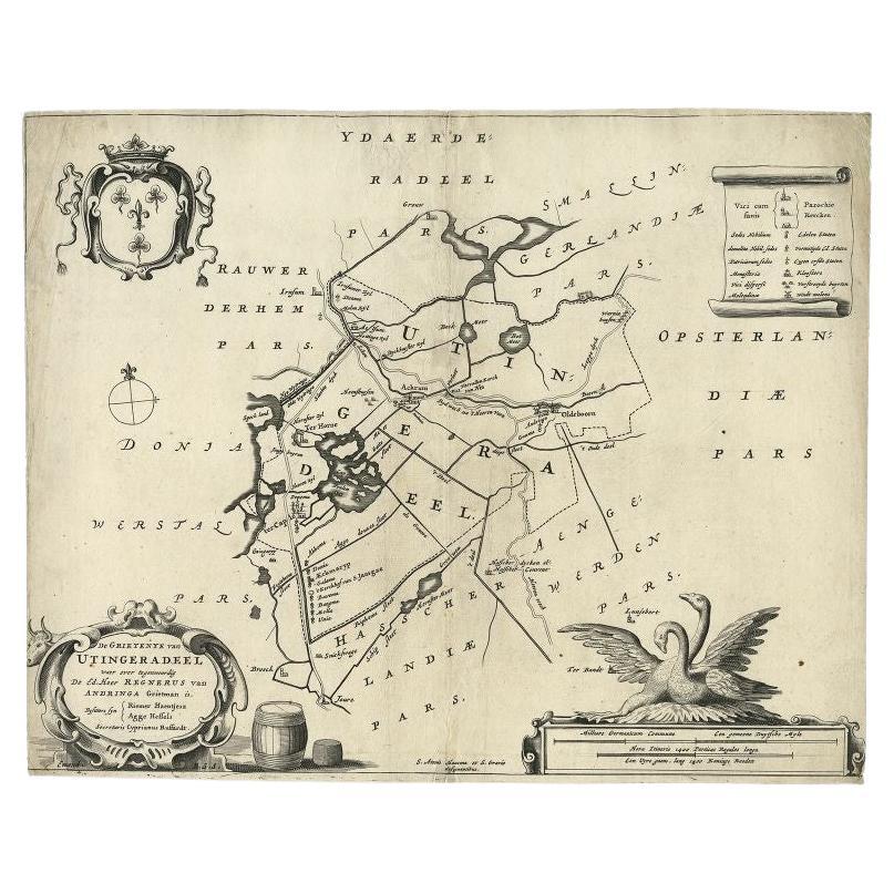 Antique Map of the Region of Utingeradeel in Friesland, The Netherlands, 1664 For Sale