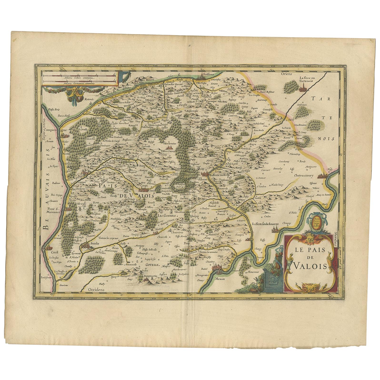 Antique map titled 'Le Pais de Valois'. Old map of the historic region of Valois, France. It corresponds to the southeastern quarter of the modern département of Oise, with an adjacent portion of Aisne. This map originates from a composite atlas and