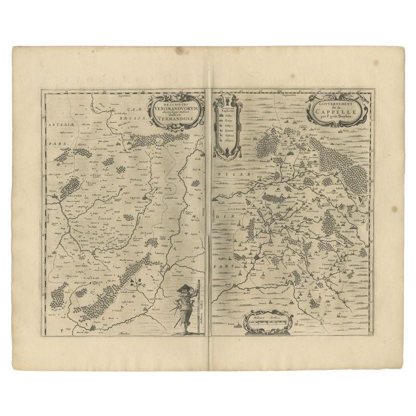 Carta geografica antica della regione di Vermandois e Cappelle, Francia di Janssonius, 1657