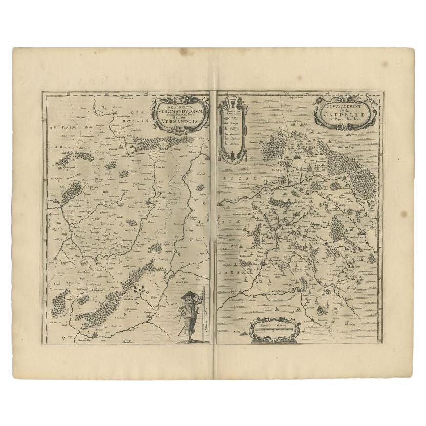 Antique Map of the Region of Vermandois and Cappelle, France by Janssonius, 1657 For Sale