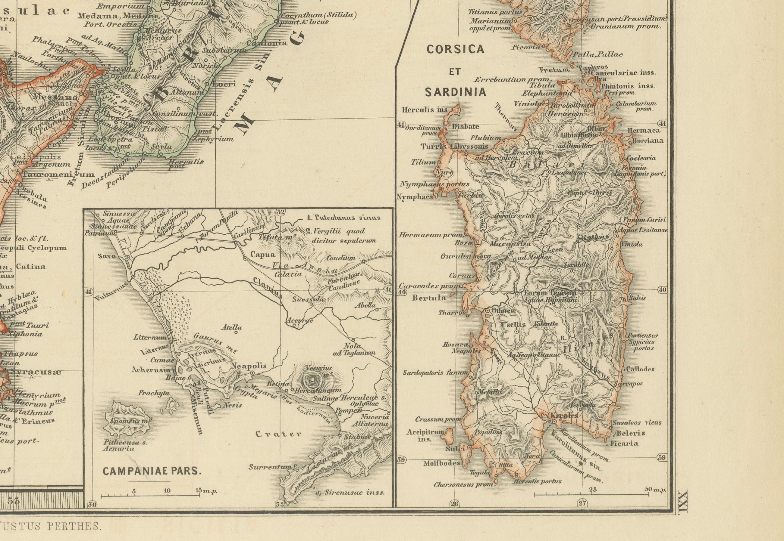 Carte ancienne des régions d'Italie et de Sicile pendant l'Empire romain, 1880 Bon état - En vente à Langweer, NL