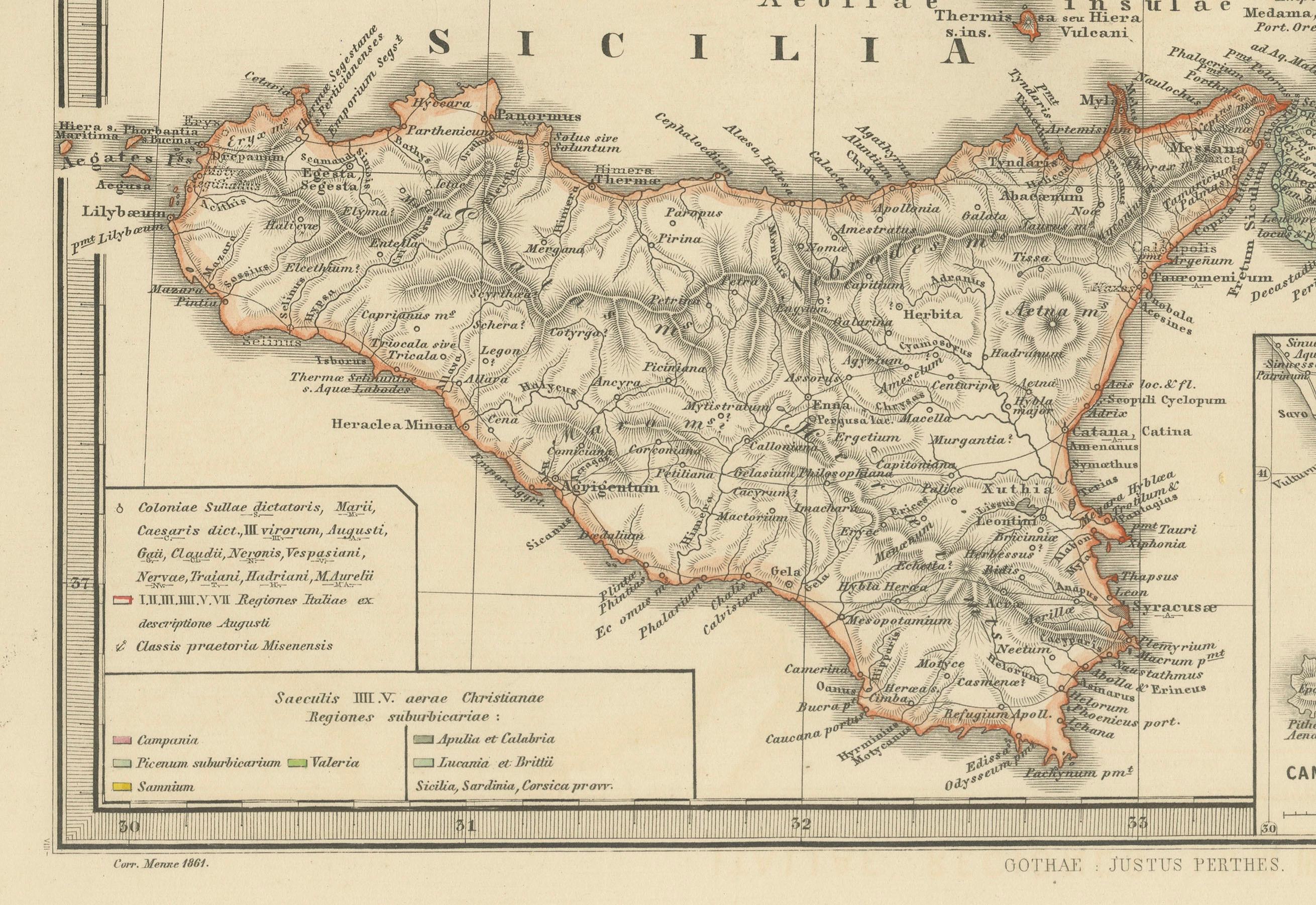 Antike Karte der Regionen Italiens und Siziliens während des Römischen Kaiserreichs, 1880 (Spätes 19. Jahrhundert) im Angebot