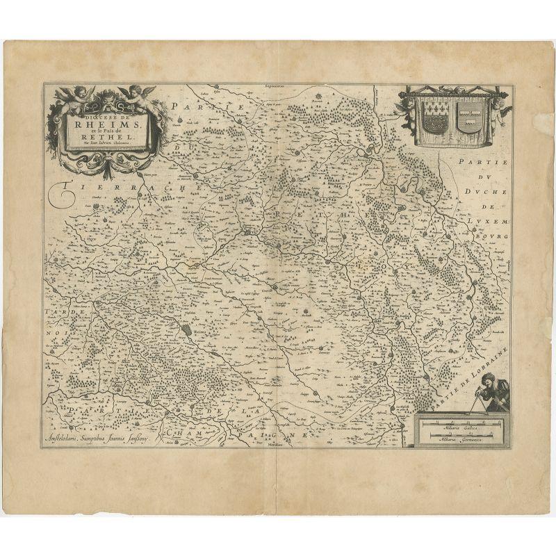 Antique map of France titled 'Dioecese de Rheims et le Païs de Rethel'. 

Detailed map, centered on the River Ayne and the River Velle and sowing Reims, Chalons, Rethel, Sedan, Charleville, as well parts of Champagne and Brie. The Marne River is