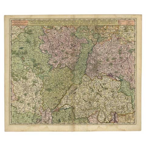Antique Map of the Rhine and Moselle River Region in Germany and France, c.1680