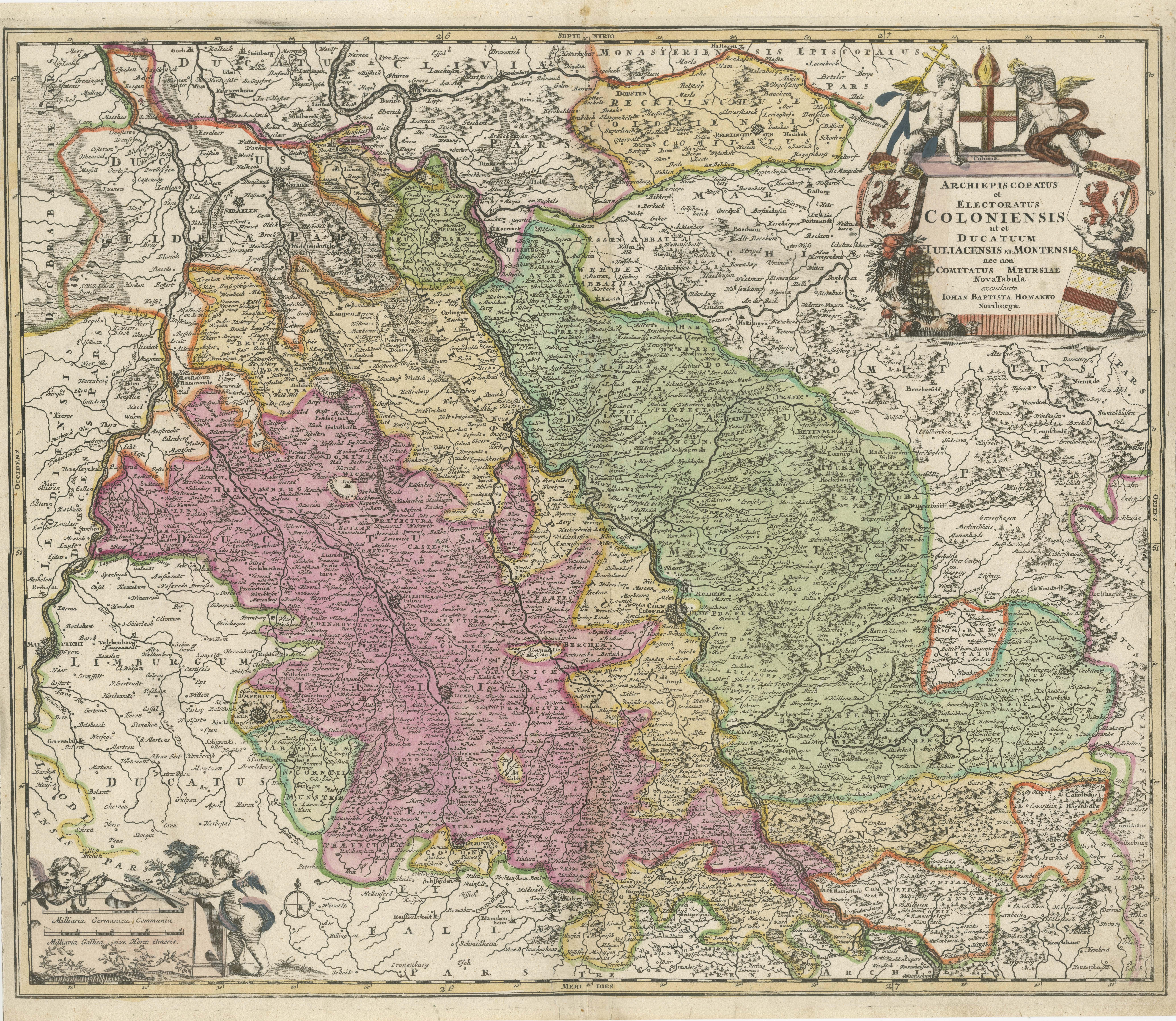 Antique map titled 'Archiepsiscopatus et Electoratus Coloniensis (..)'. Original antique map of the Rhine river, centered on Cologne, Germany. The Rhine River cuts across this map from south of Bonn, centered on Cologne and north to Wesel. The map