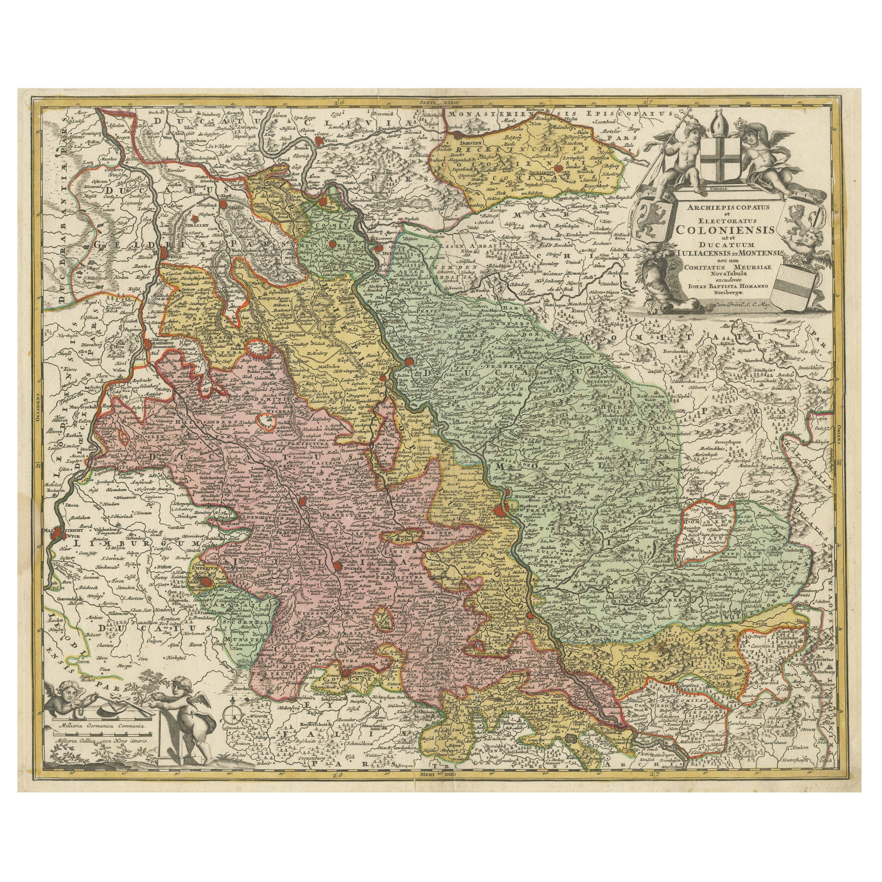 Carta geografica antica del Reno centrata su Colonia, Germania, con colorazione originale