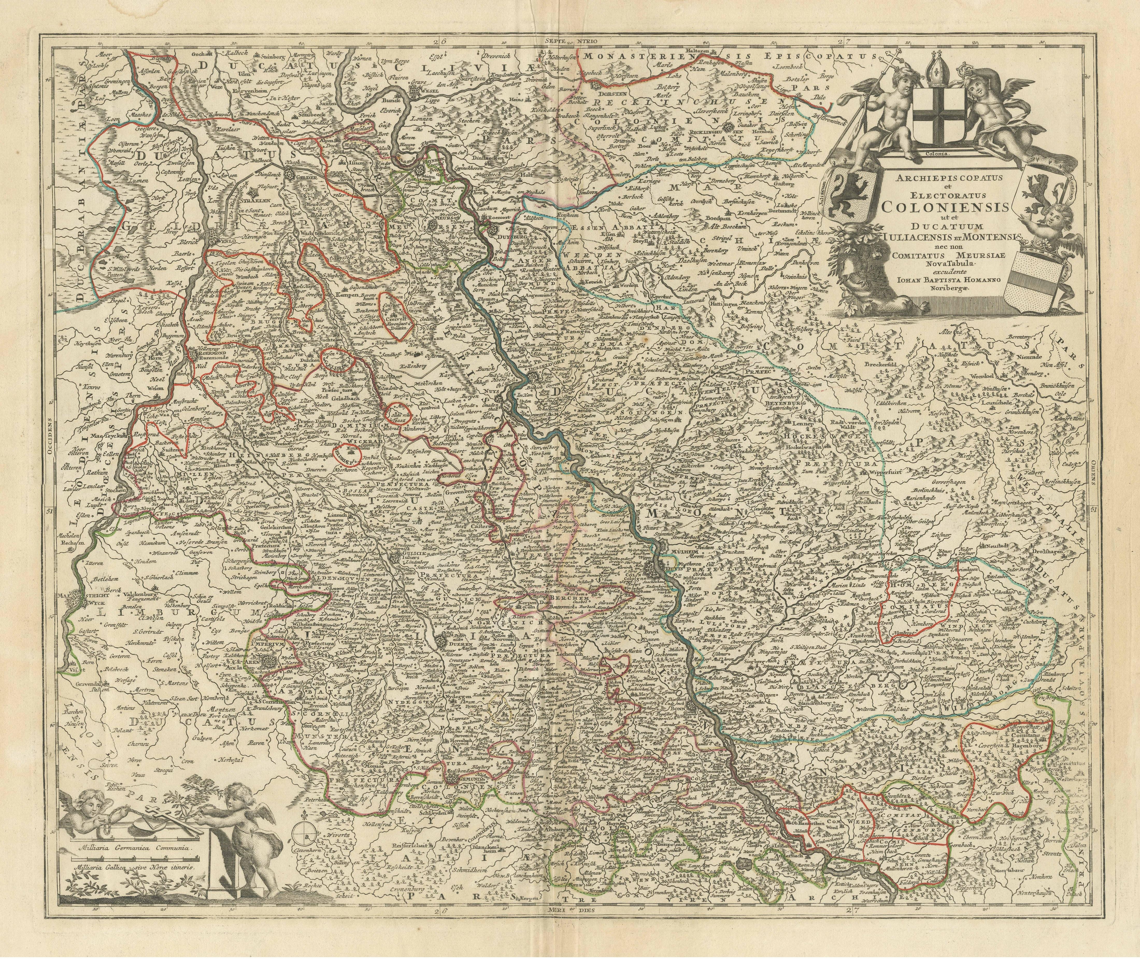 Antike Karte des Rheins mit Schwerpunkt auf Köln, Deutschland, mit farbigen Umrissen im Zustand „Gut“ im Angebot in Langweer, NL