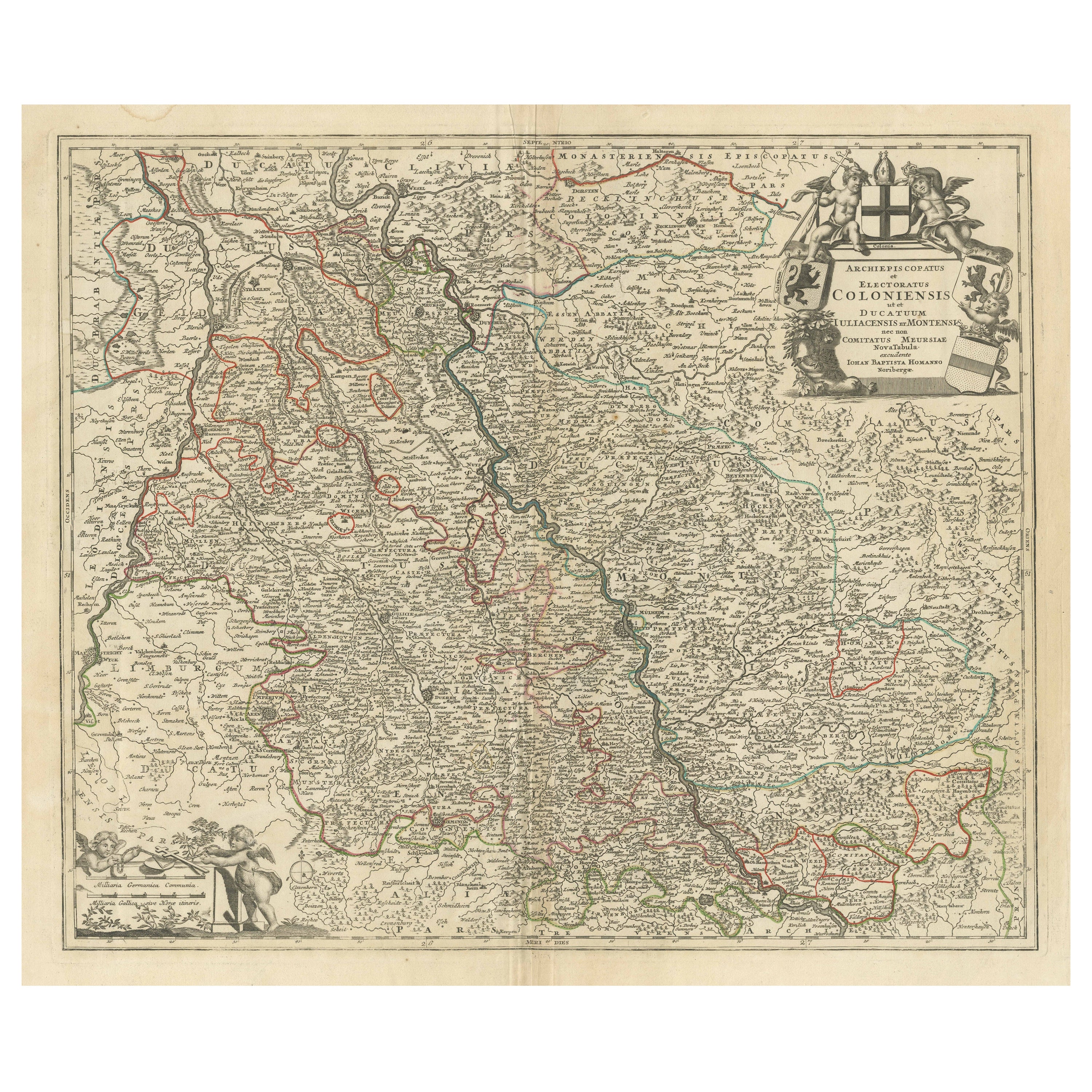 Carta geografica antica del Reno centrata su Colonia, Germania, con contorni da colorare