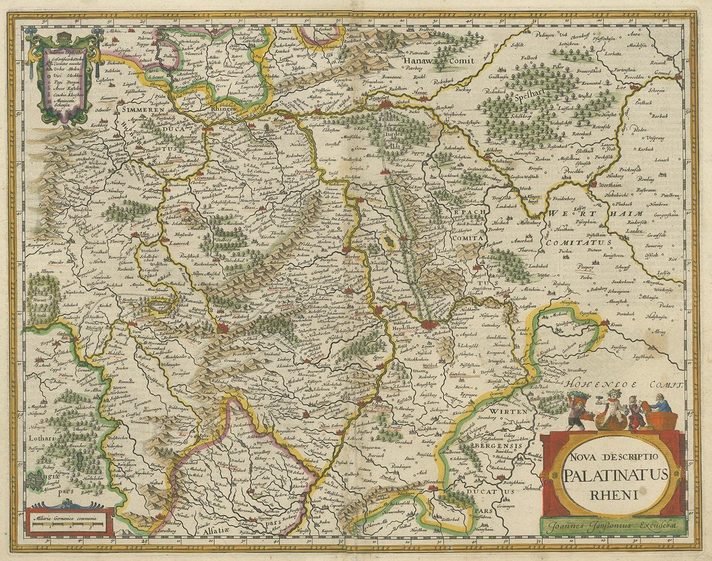 Antique map titled 'Nova Descriptio Palatinatus Rheni'. Detailed map of the Rhine-Palatinate, a state of Germany located in the west of the country. The map tracks the course of the Rhine from the Alsace Region to Frankfurt and Bungen. Some of the