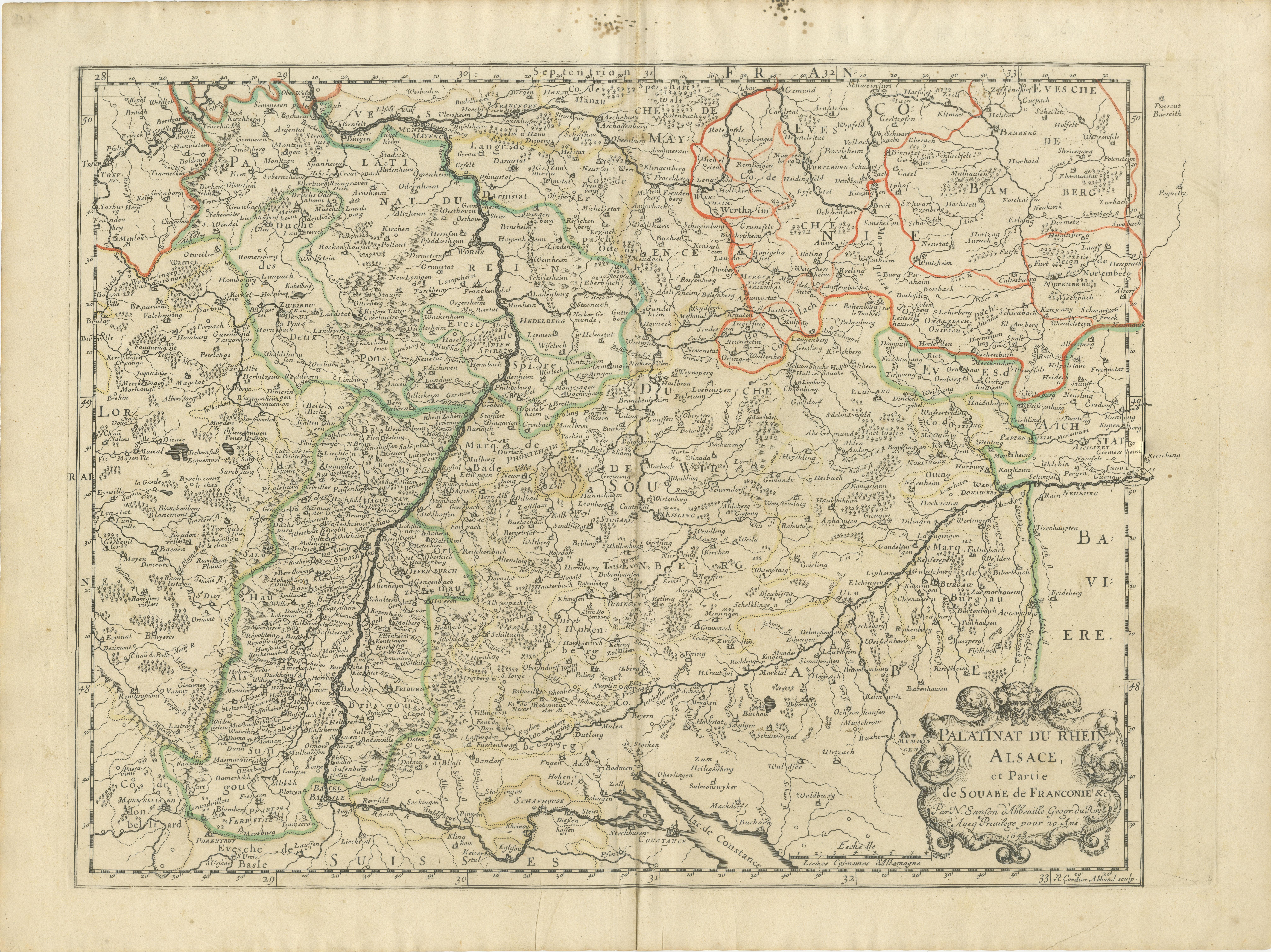 Antique map titled 'Palitinat du Rhein, Alsace, et partie de Souabe de Franconie (..)'. Double-page engraved map of the Rhineland and Alsace with original/contemporary hand coloring. Published by N. Sanson, circa 1648.

Nicolas Sanson (1600-1667)