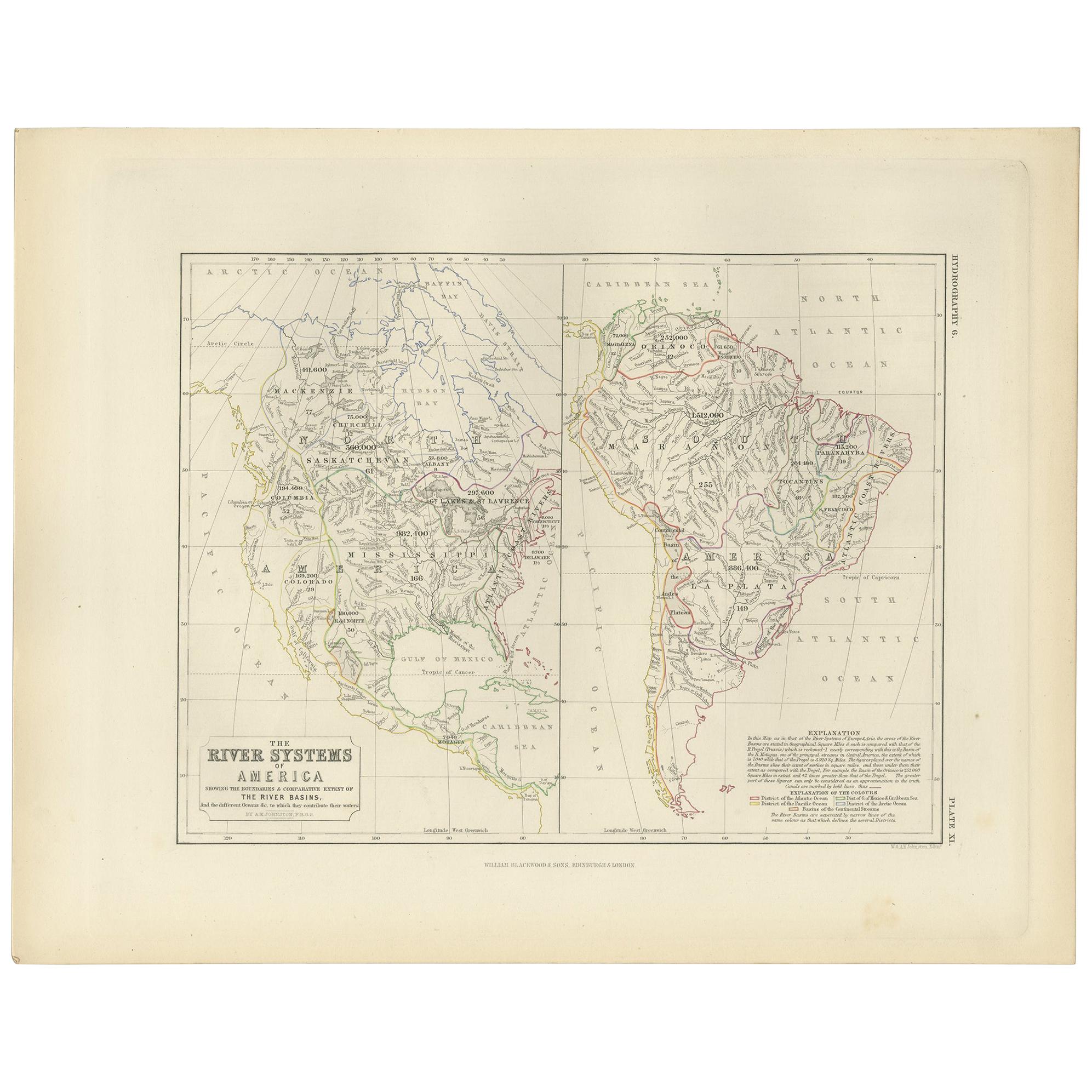 Antike Karte der Flussssysteme Amerikas von Johnston, 1850