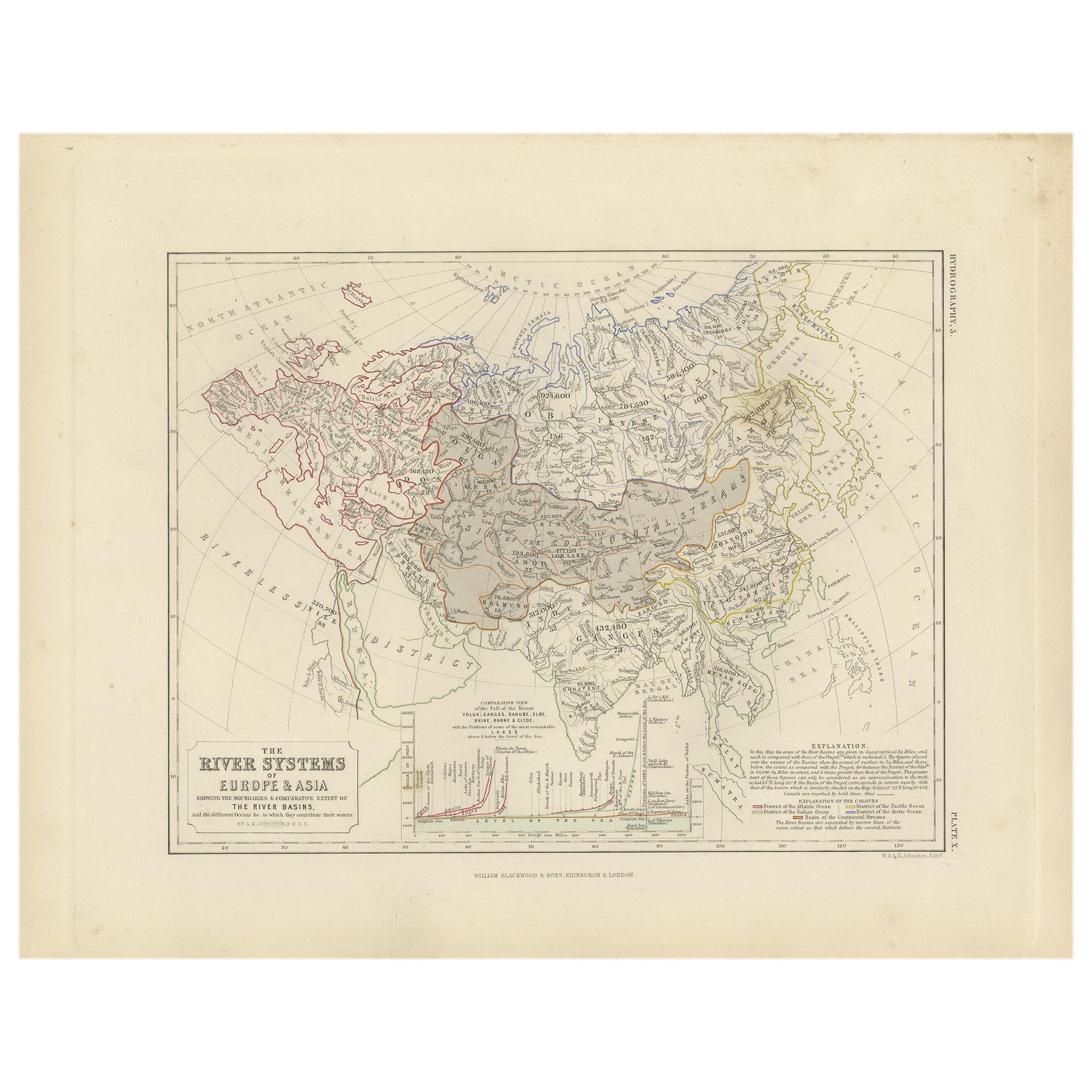 Antique Map of the River Systems of Europe and Asia by Johnston '1850' For Sale