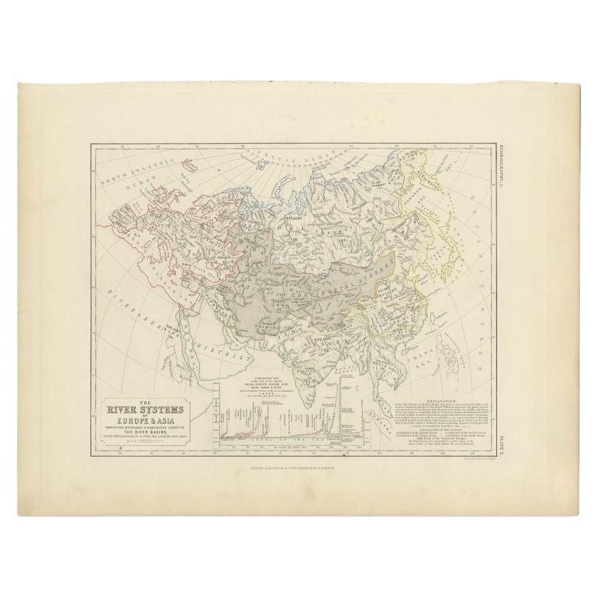Antique Map of the River Systems of Europe and Asia by Johnston, c.1850 For Sale