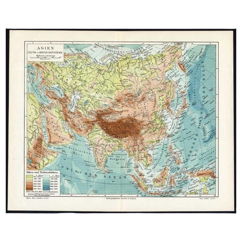 Carte ancienne des rivières et des montagnes d'Asie, c.1895 en vente