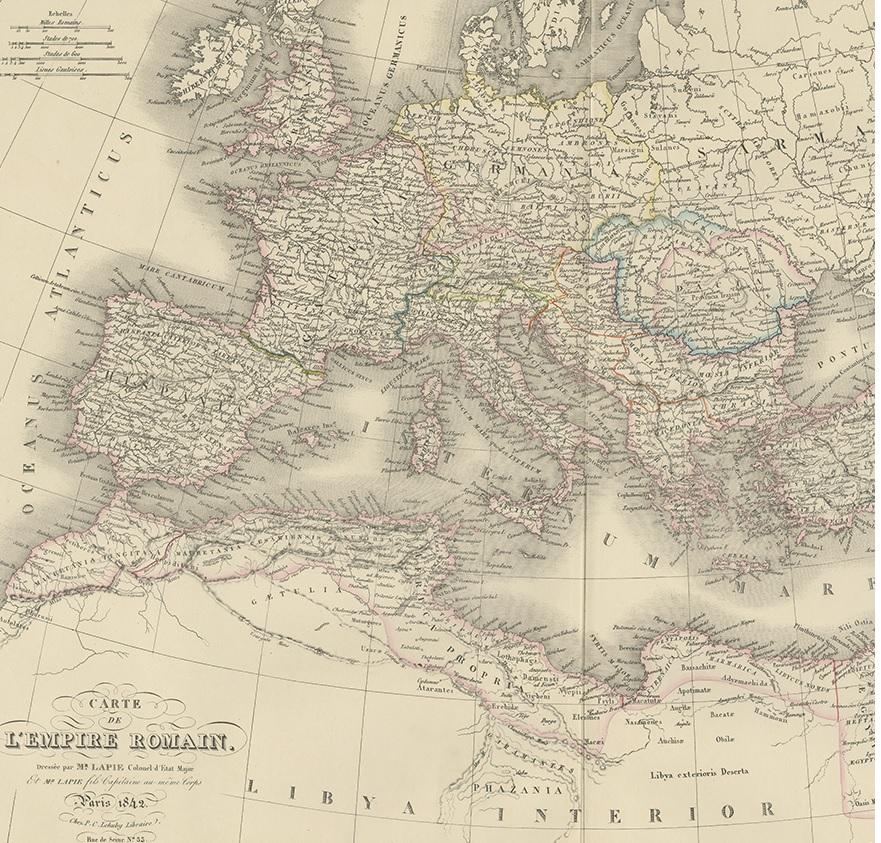 Carte ancienne de l'Empire romain par Lapie:: 1842 Bon état - En vente à Langweer, NL