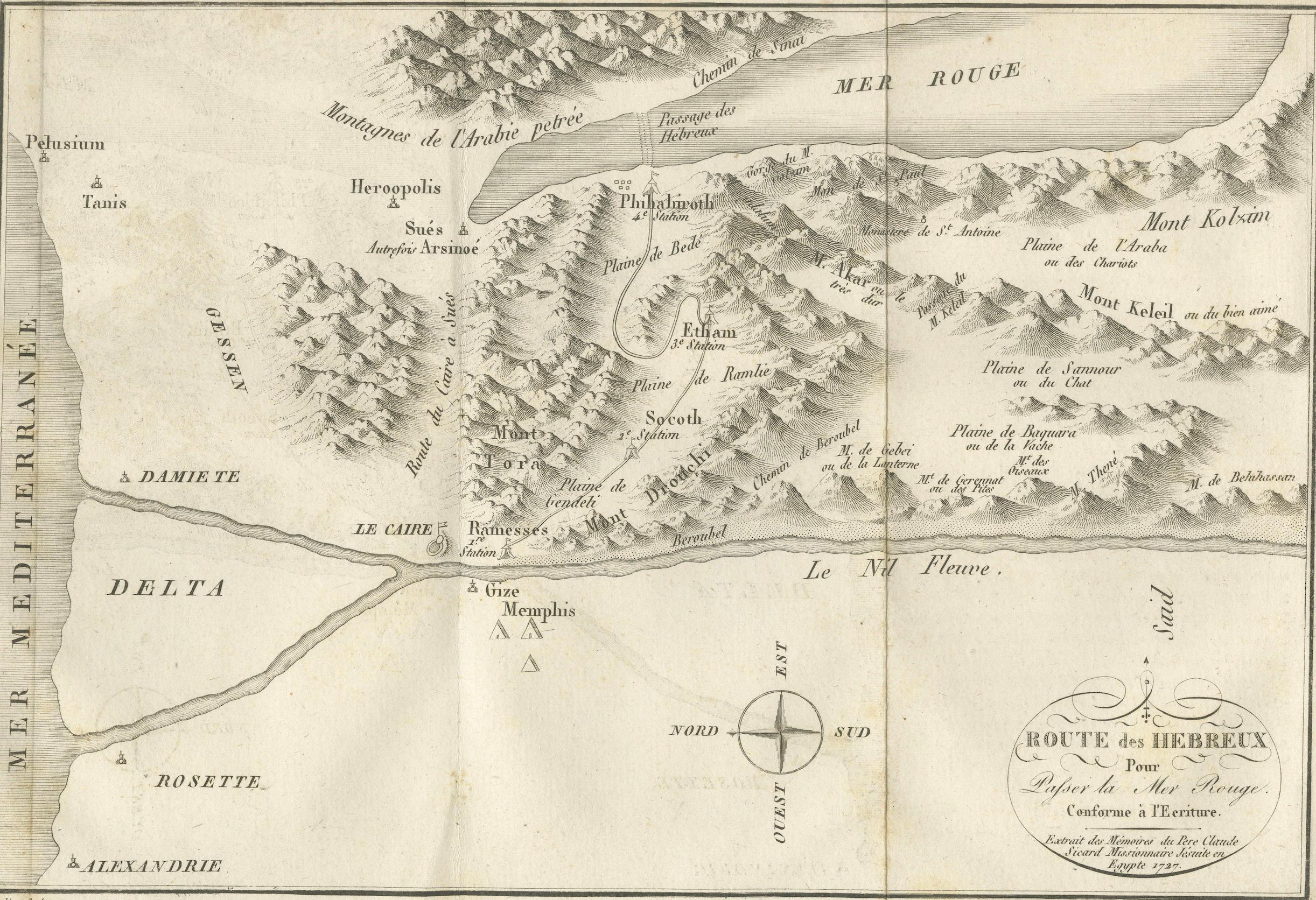 Carte de la route des Hébreux - de l'Égypte à la mer Rouge, 1720

Cette carte finement gravée du XVIIIe siècle, intitulée Route des Hébreux pour passer la Mer Rouge, conforme à l'Écriture, retrace le voyage biblique des Israélites de l'Égypte à la