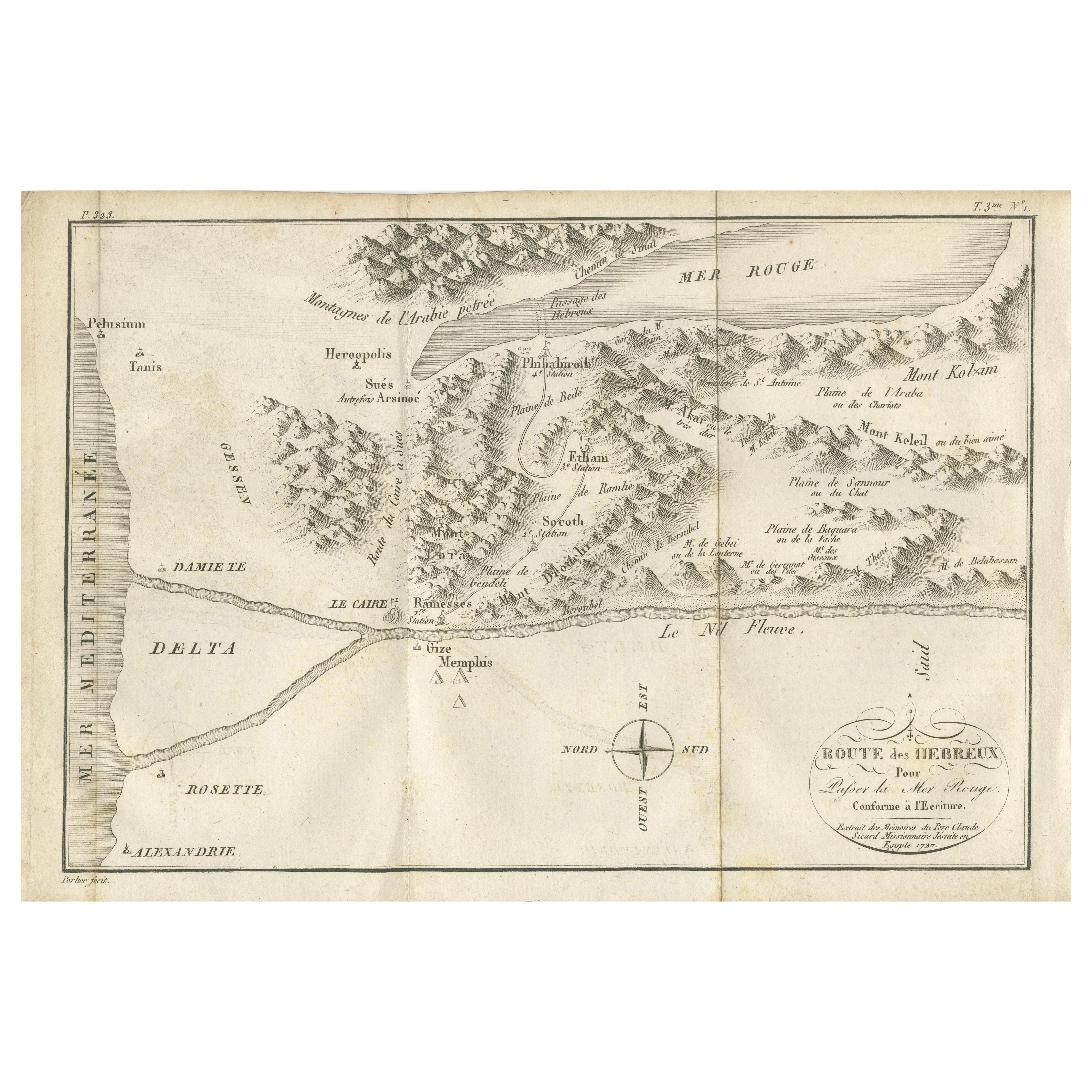 Carte ancienne de la route des Hébreux - de l'Égypte à la mer Rouge, 1720