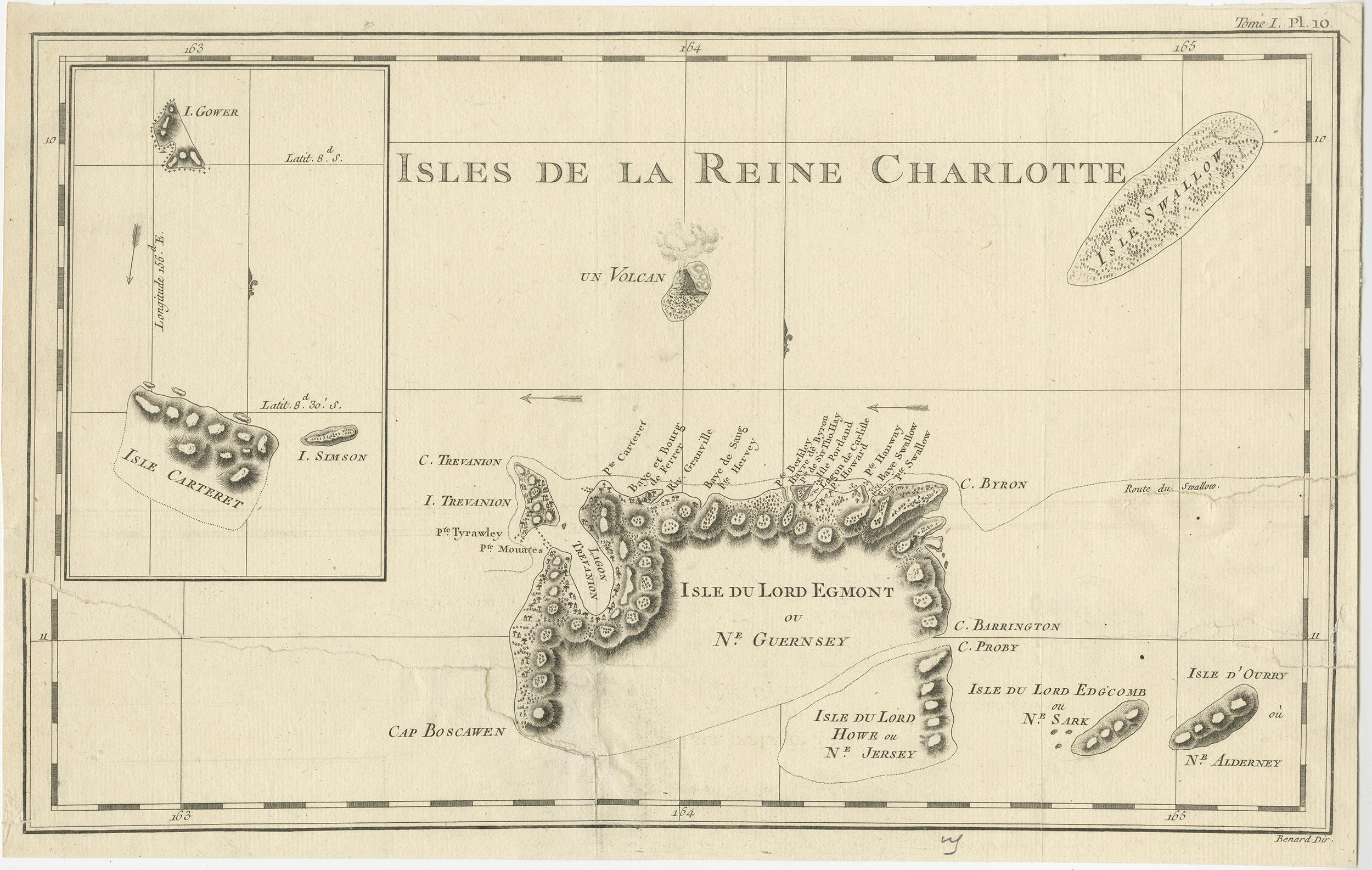 Antique map titled 'Isles de la Reine Charlotte (..)'. A detailed chart of the Santa Cruz islands, to the north of the New Hebrides, with Carteret's track in 