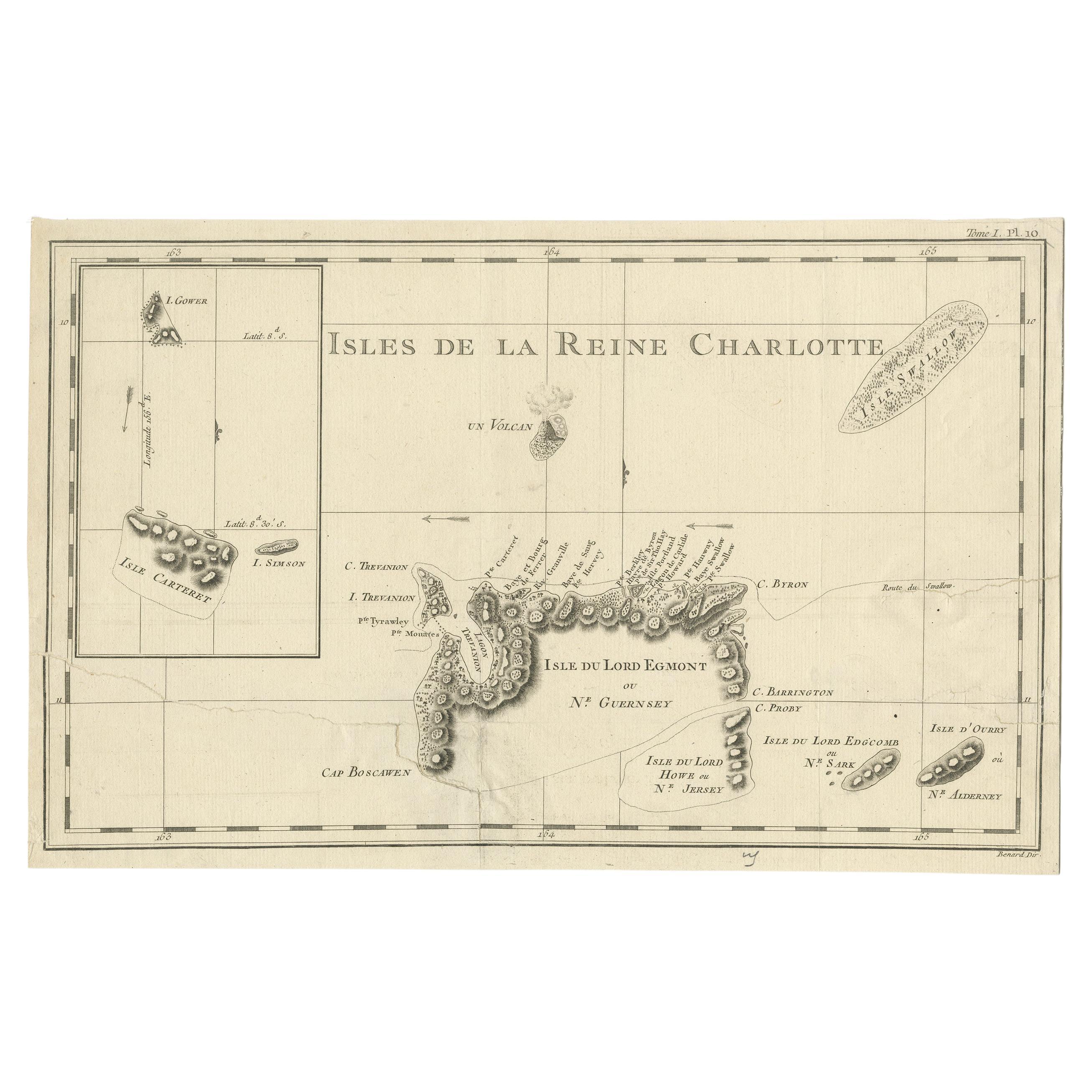 Carte ancienne des îles de Santa Cruz avec incrustation des îles Carteret et Gower