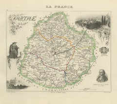 Antique Map of the Sarthe, Le Mans and the Jurist Denizot, circa 1860
