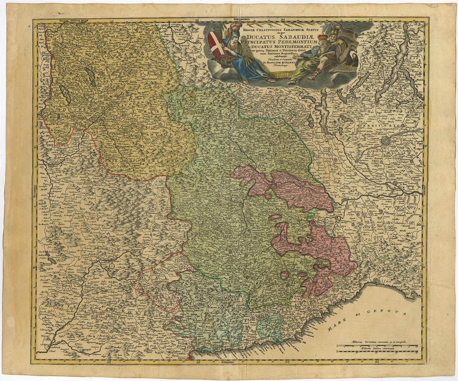 Antique map titled 'Ducatus Sabaudiae, Principatus Pedemontium et ducatis Montisferrati (..).' 

Map of the Savoy and Piedmont regions, centered on Torino. The map coverage extends from Grenoble, Geneva, Die and Romans, to Genoa and Milan. Highly