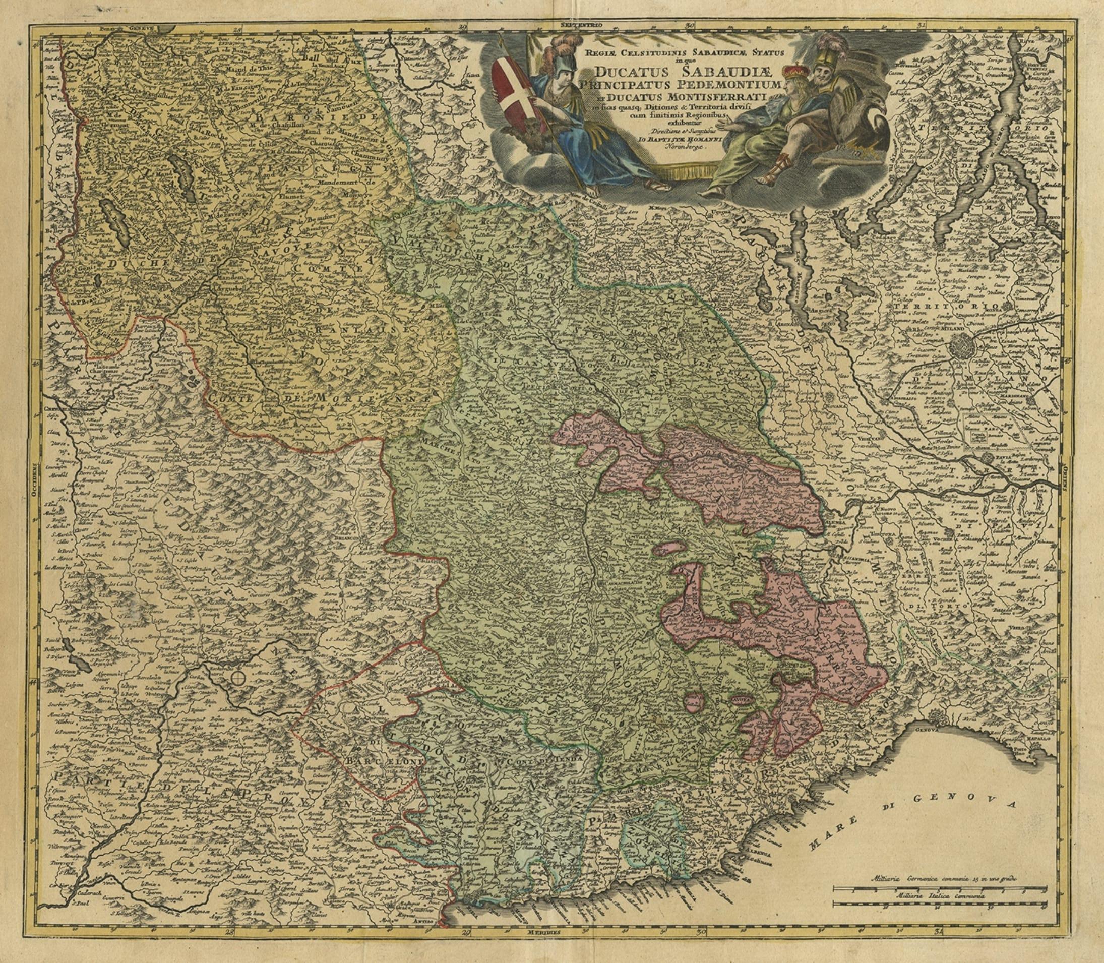 Antique Map of the Savoy and Piedmont Regions, Centered on Torino, ca.1735 In Good Condition For Sale In Langweer, NL