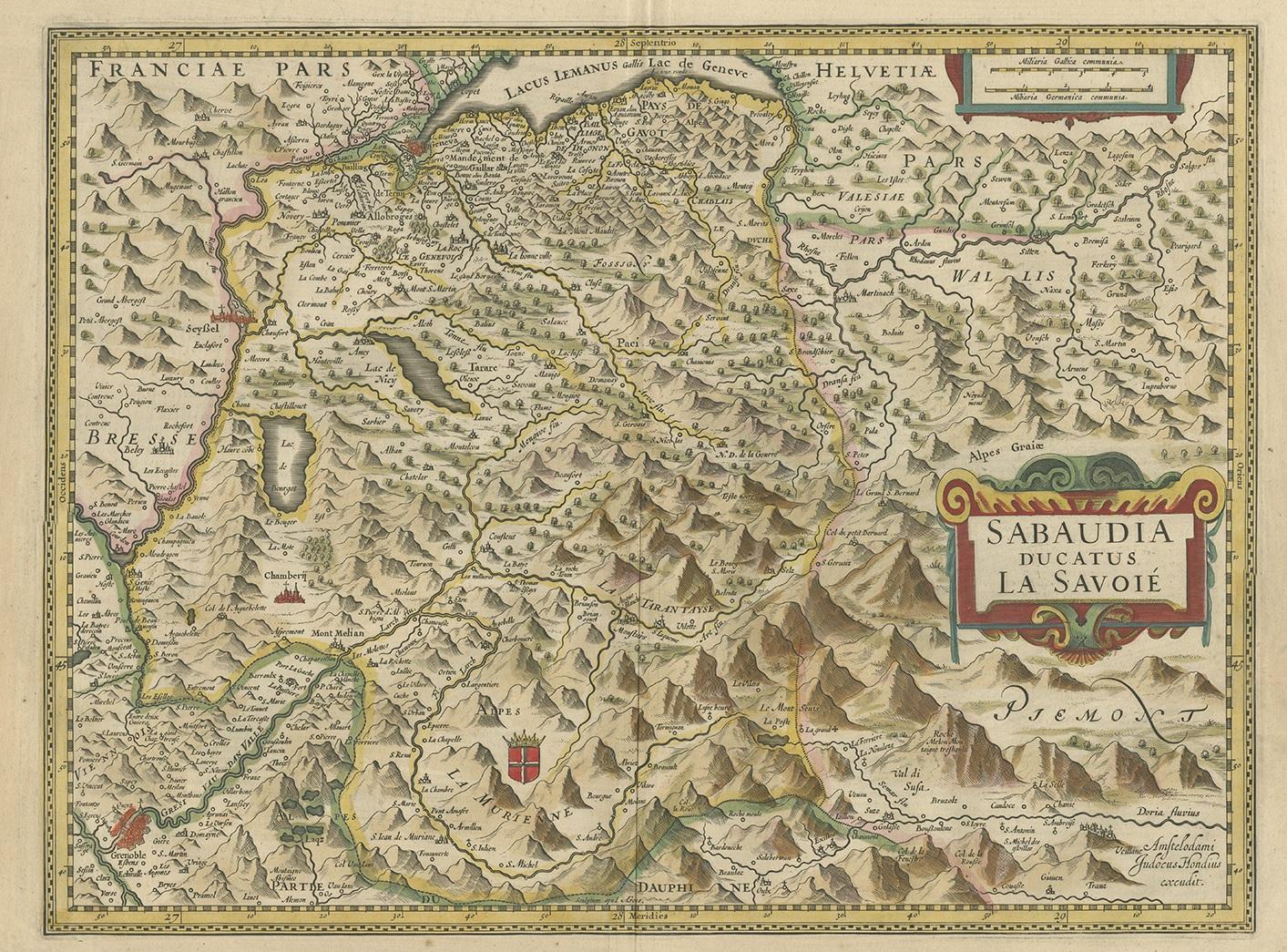 Antique map titled 'Sabaudia ducatus la Savoie'. Detailed map of the Savoy region bounded by Geneva, Grenoble, the Piemont and southern Switzerland, including Mont Blanc, St. Anton, Val D'Isre and a number of other famous ski resorts near the