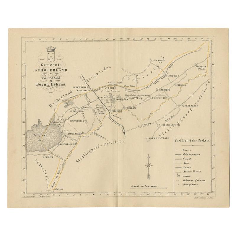 Carte ancienne de la ville d' Schoterland dans le Friesland, aux Pays-Bas, 1861