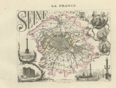Antique Map of the Seine, Paris and its Suburbs, Vuillemin, circa 1860