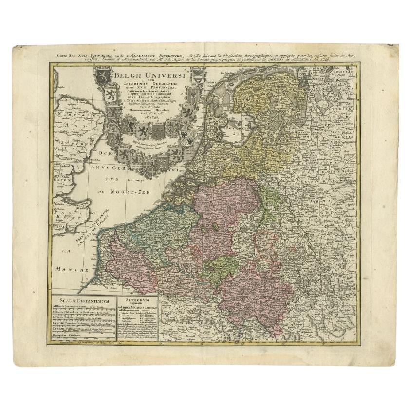 Antique map titled 'Belgii Universi seu Inferioris Germaniae quam XVII Provinciae (..)'. Map of the Seventeen Provinces after Tobias Meier, published by Homann's Heirs in 1748. The Seventeen Provinces were a personal union of states in the Low