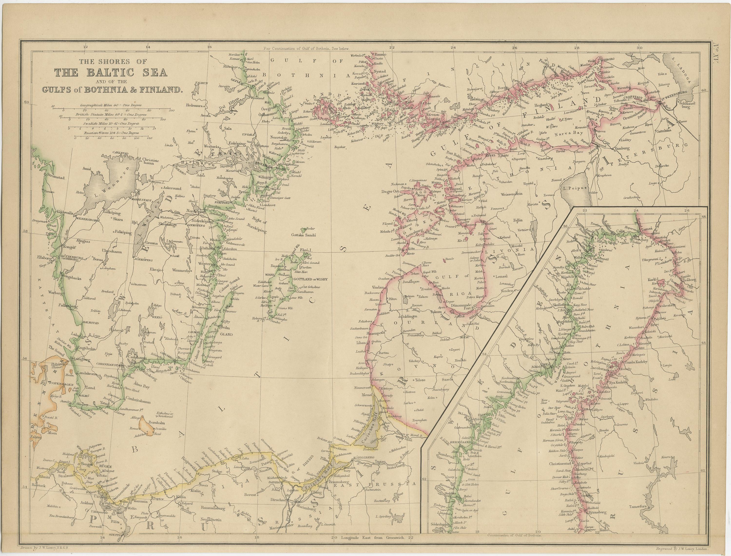 Carte ancienne des côtes de la mer baltique par W. G. Blackie, 1859 Bon état - En vente à Langweer, NL