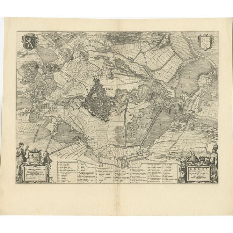Antique map titled 'Breda obsessa et expugnata a Celsissimo Frederico Henrico'. 

Old map of the city of Breda, the Netherlands. It shows the Siege of Breda in 1637. Originates from 'Novum Ac Magnum Theatrum Urbium Belgicae Liberae Ac Foederatae'.
