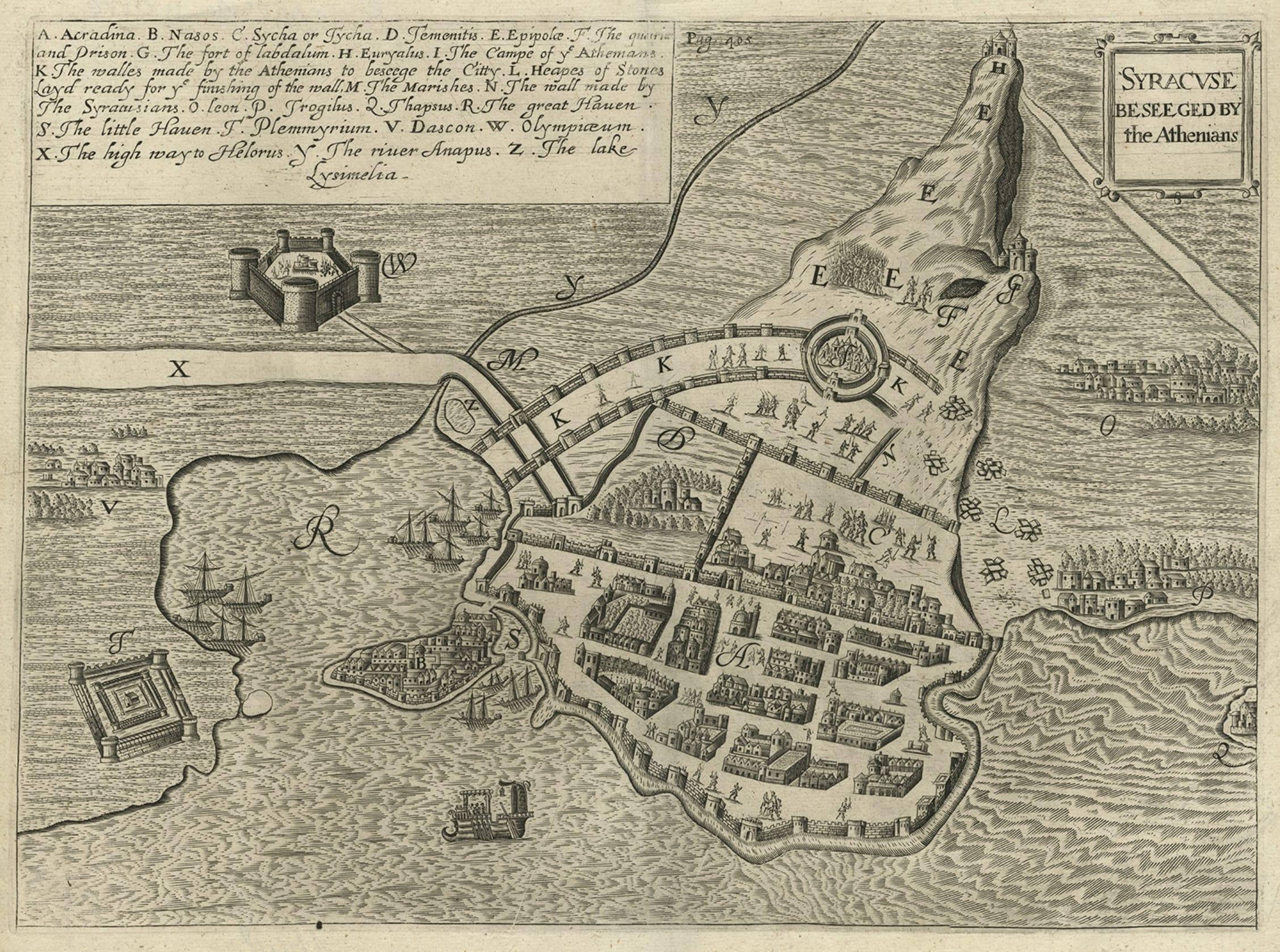 Antike Karte des Sieges von Syracuse, Sizilien, Italien, ca. 1675 im Zustand „Gut“ im Angebot in Langweer, NL