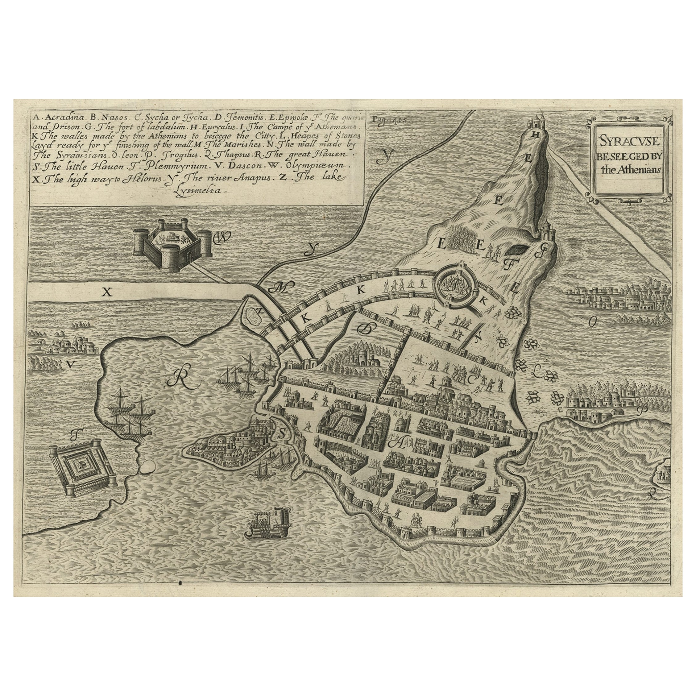 Carte ancienne de la Siege de Syracuse, Sicile, Italie, vers 1675