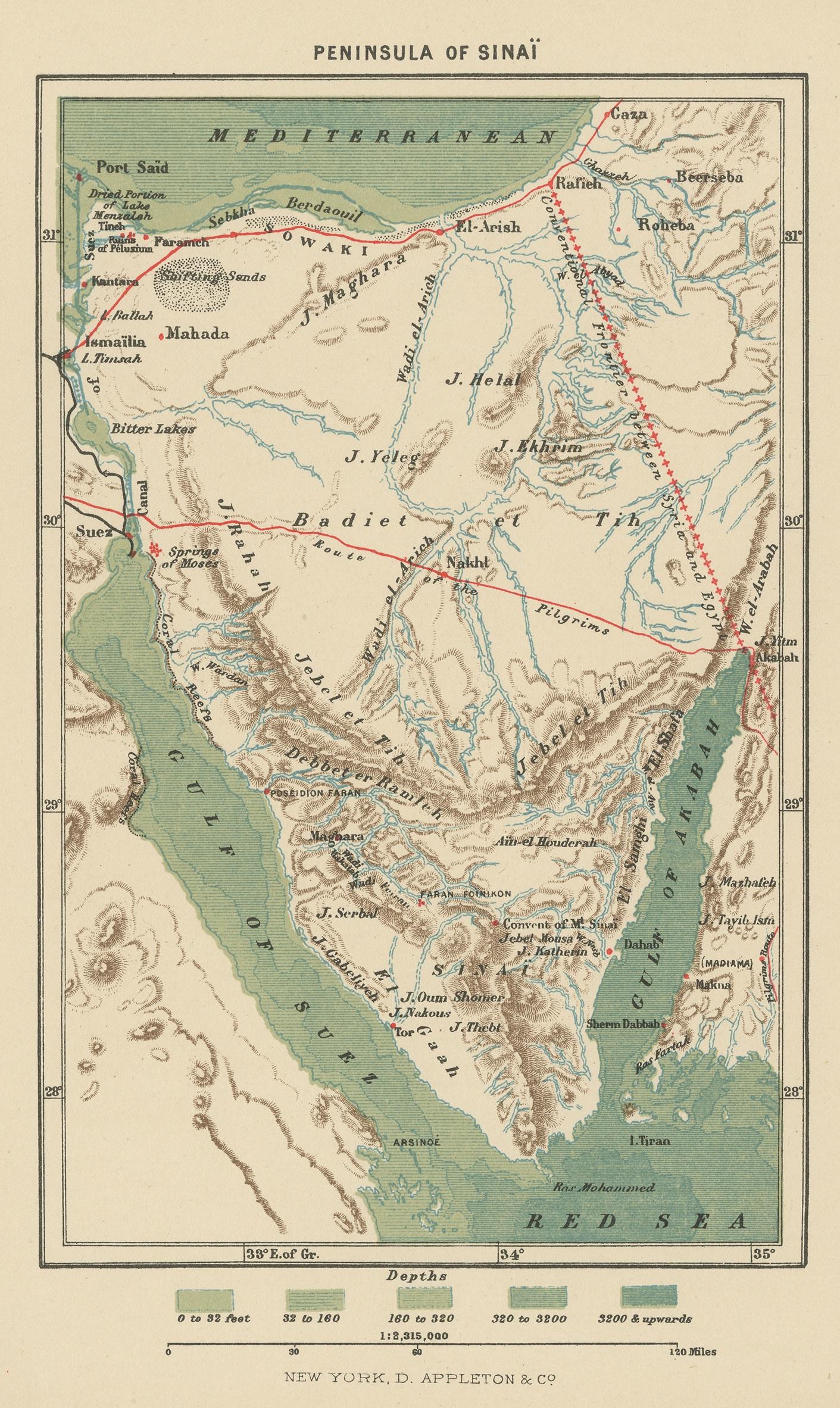 Antique map titled 'Peninsula of Sinaï'. Lithographed map of the Sinai Peninsula, a peninsula in Egypt, and the only part of the country located in Asia. It is situated between the Mediterranean Sea to the north and the Red Sea to the south, and is