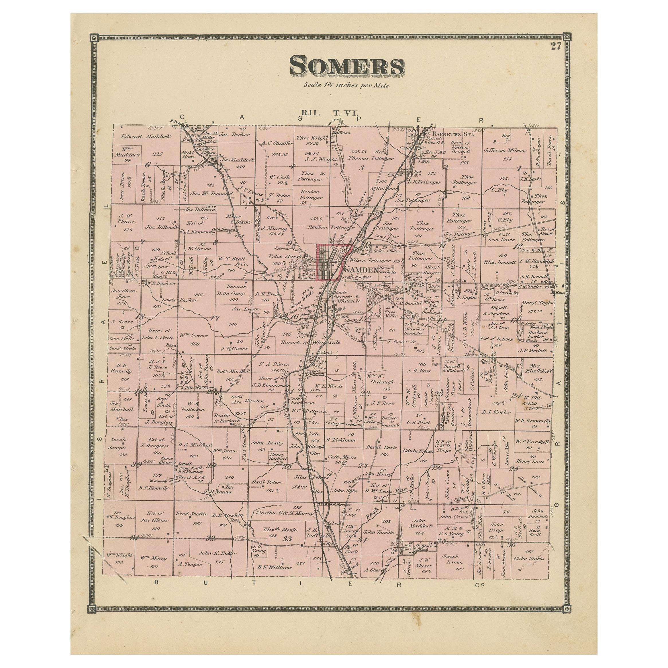 Antike Karte der Stadt Somers, Ohio, von Titus, 1871