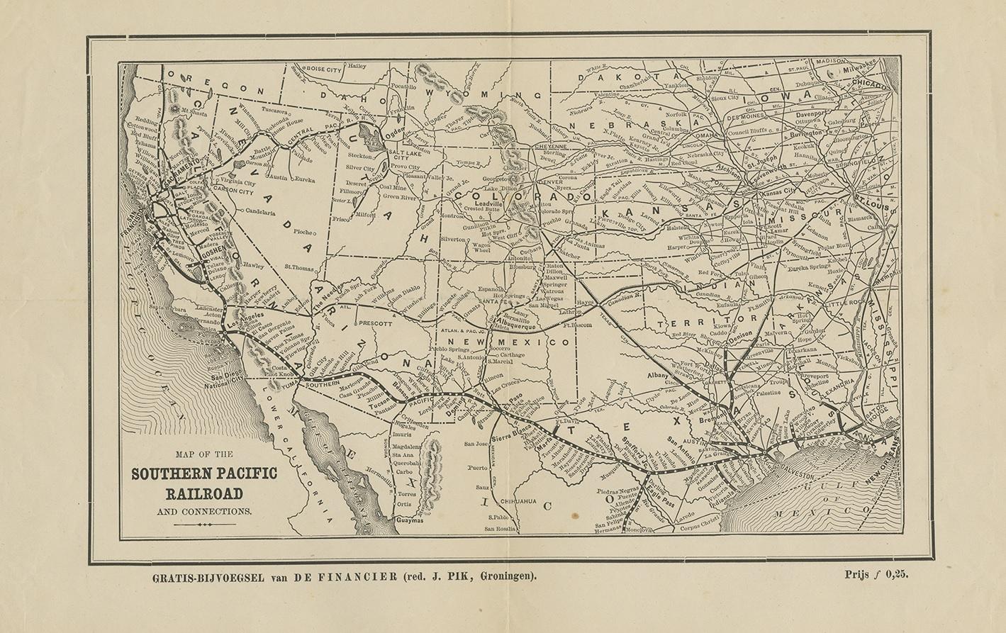 Antique map titled 'Map of the Southern Pacific Railroad and connections'. Founded in 1865 by a group of businessmen in San Francisco, the Southern Pacific was created as a rail line from San Francisco to San Diego. By 1883, the line extended all