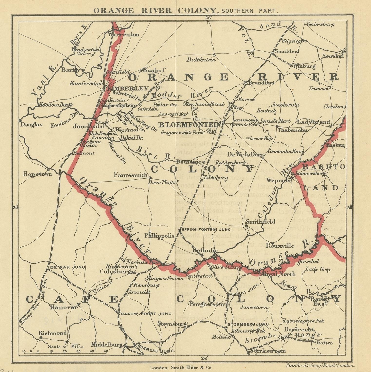 Antique map titled 'Orange River Colony, southernpart'. Lithograph of the southern part of the Orange River Colony, Africa. The Orange River Colony was the British colony created after Britain first occupied (1900) and then annexed (1902) the