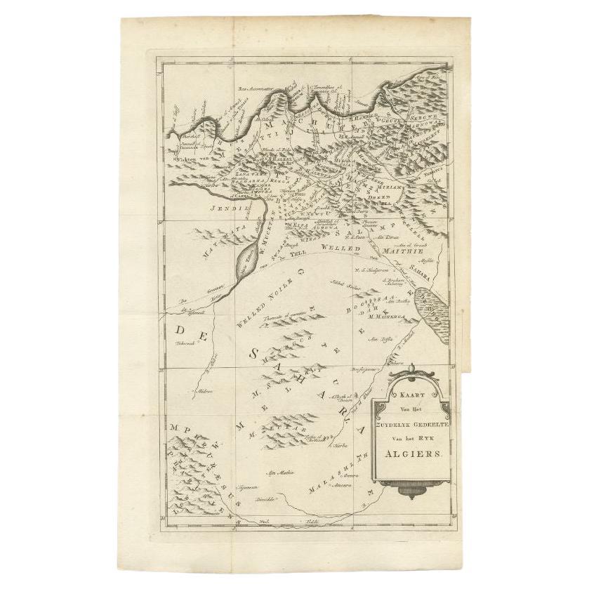 Antique map titled 'Kaart van het Zuidelyk Gedeelte van het Ryk Algiers'. 

Old map of the southern region of the Kingdom of Algiers, Algeria. Originates from the first Dutch editon of an interesting travel account of Northern Africa titled