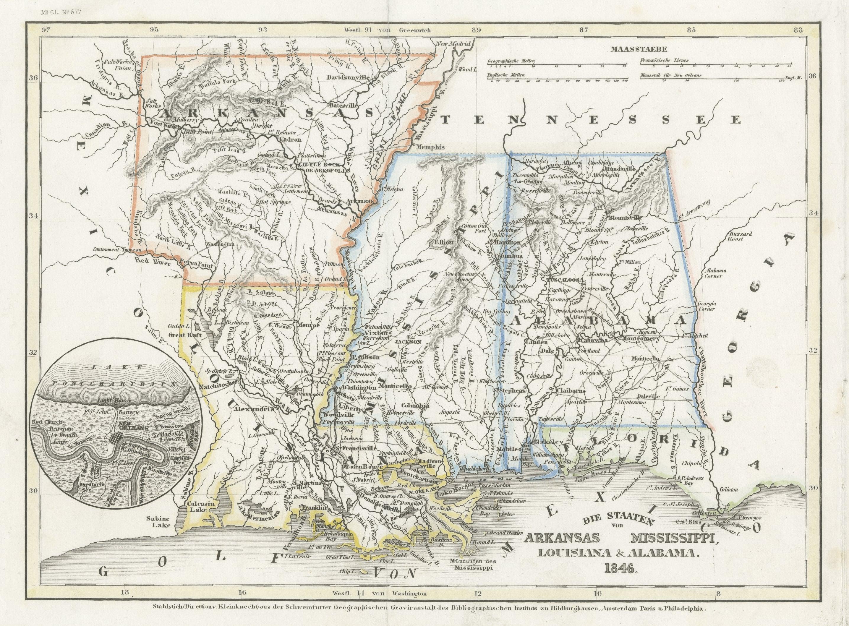 Antique map titled 'Die Staaten von Arkansas Mississippi, Louisiana & Alabama'. Detailed map of the region, which includes the Florida Panhandle. Shows many roads, rivers, forts, etc. Inset of New Oreleans vicinity. Published by J. Meyer, circa