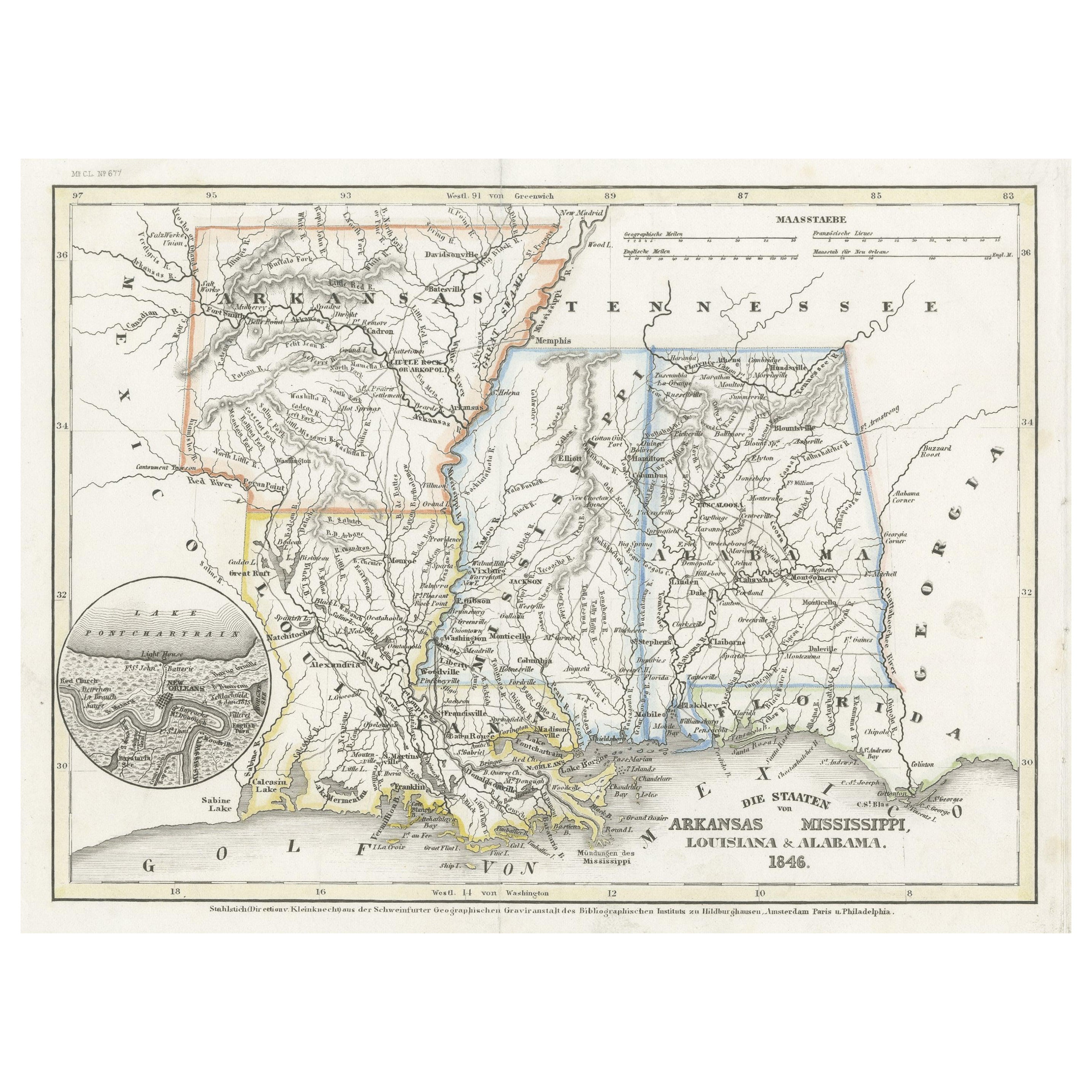 Carte ancienne du sud des États-Unis avec carte insérée de la Nouvelle-Orléans